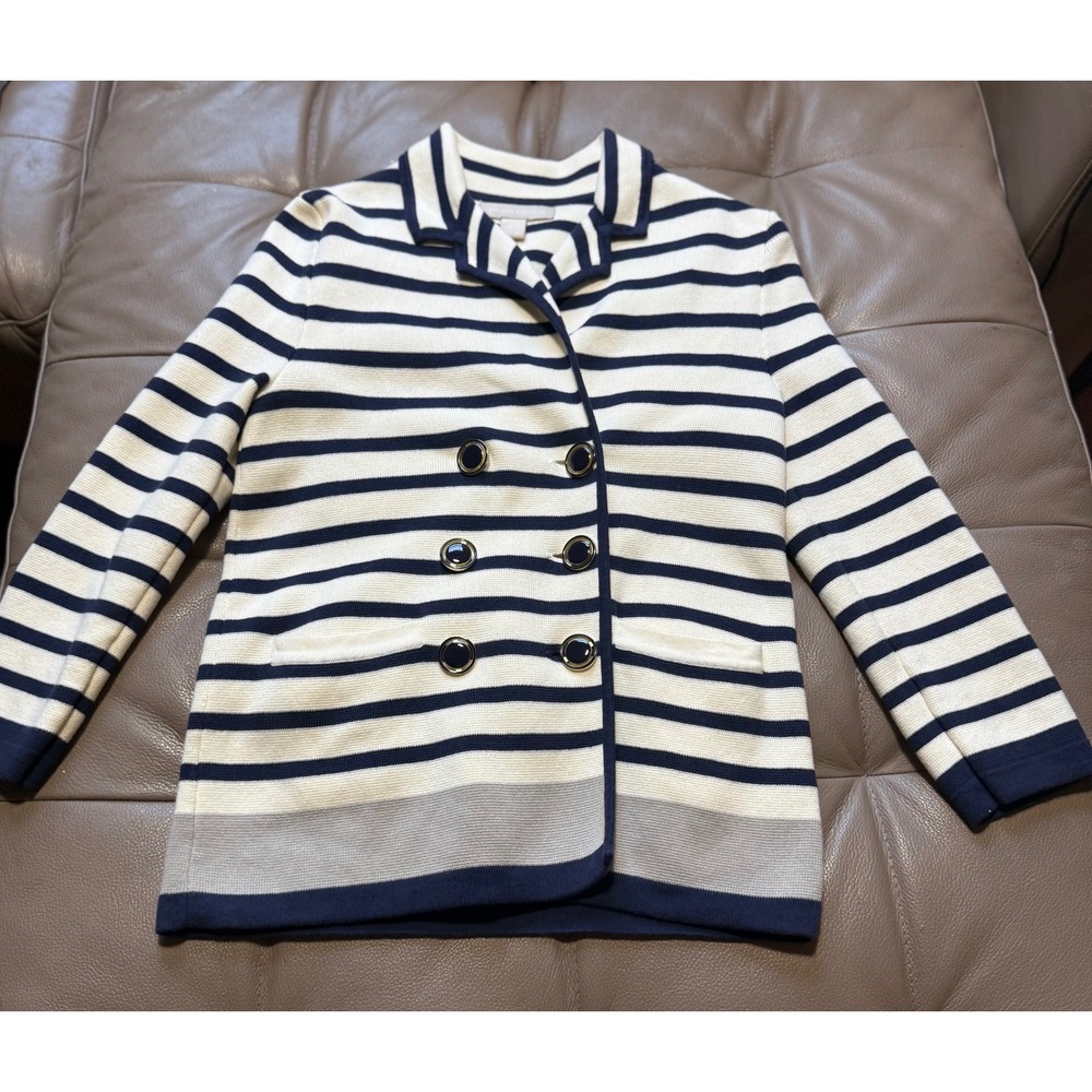 Banana Republic Womens XS Striped Double Breasted‎ Knit Blazer Navy White Cotton